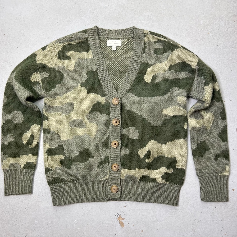Lucky Brand Camo Green Wool Blend Button Up Cardigan Sweater - Picture 4 of 11